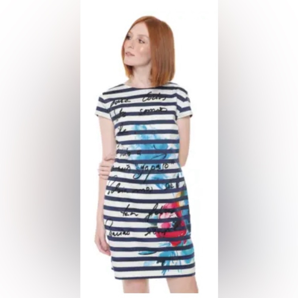 Desigual Navy and White Striped Cap-Sleeve Shift Dress Size 12 US